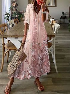 Lace Floral Print V Neck Casual Loose Half Sleeves Maxi Dress Floral Mesh Dress, Loose Maxi Dress, Half Sleeve Dresses, Sleeves Clothing, Long Sleeve Short Dress, Casual Stripes, Maxi Dress Green, Maxi Dresses Casual, Midi Dress With Sleeves