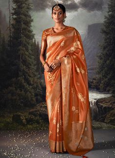 Orange Golden Crystal Stone Embellished Brocade Silk Saree Orange Saree, Organza Silk Saree, Tussar Silk Saree, Readymade Blouse, Organza Saree, Organza Fabric, Party Wear Sarees, Pink Saree, Banarasi Sarees