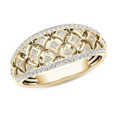 Beautifully detailed and alive with sparkle and texture, this open-worked diamond ring is certain to bring compliments your way. Crafted in warm 10K gold, this standout tapered design features star cutouts filled with single diamonds that connect in a mesmerizing lattice pattern. Along the top and bottom edges, rows of shimmering diamonds tailor the border. Captivating with 1/5 ct. t.w. of diamonds and a bright polished shine, this tapered look is just your bold style. Diamond Ring Indian, Fancy Engagement Rings, Ring Indian, Round Diamond Ring, Ringe Gold, Lattice Pattern, Black Diamond Ring, Bold Style, Diamond Star