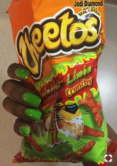 Lime green nails. Instagram @jodicdiamond Diamond Instagram, Lime Green Nails, Hot Cheetos, Green Nails, Senior Year, Junk Food, Pops Cereal Box, Chip Bag, Lime Green