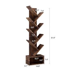 a tall wooden shelf with three shelves on each side and measurements for the bottom section