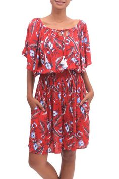 Displaying lovely floral motifs printed over a body of strawberry red this tunic-style dress is designed by Bali's Ratu and Devi. Crafted from rayon this lovely dress features a tie closure on the front with short sleeves an empire waist and a knee-length skirt. Strawberry Bouquet, Tunic Style, Tunic Styles, Women Artisans, Design Patterns, Lovely Dresses, Floral Motifs, Knee Length Skirt, Style Dress