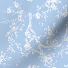 a blue floral wallpaper with white flowers and leaves on a light blue background in pastel shades