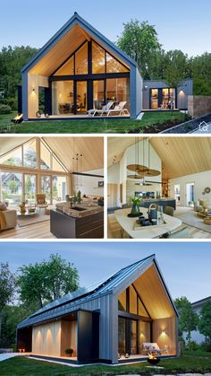 three pictures of the inside and outside of a house with glass walls, windows, and doors