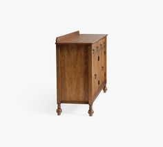 a wooden cabinet with two drawers on one side and an open drawer on the other