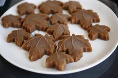 several pieces of chocolate on a white plate with leaves in the shape of acorns