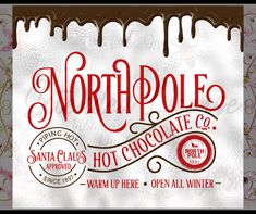 the north pole hot chocolate company logo is shown in red and silver glitter on a white background