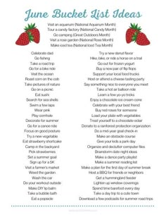 the june bucket list is shown with strawberries on it and words in blue font