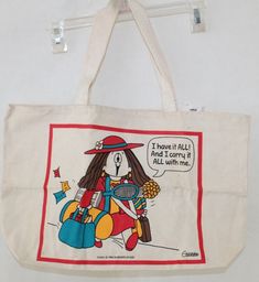 VTG 1994 Cathy Cartoon I Have it All Carry With Me Guisewite Canvas Tote Bag NEW WITH TAGS, with slight very small rust stain near strap Item in pictures is EXACT ITEM you will receive. Please examine pictures carefully before purchasing SEE PICTURES FOR ADDITIONAL DETAILS Feel free to ask questions the pictures cannot answer Cathy Cartoon, I Have It All, Canvas Tote, Carry On, Bags Handbags, Rust, Shoe Accessories, Stain