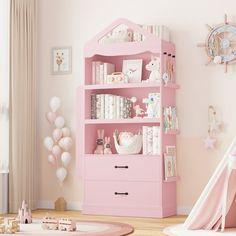 a child's room with pink furniture and accessories on the shelves, including a teepee tent