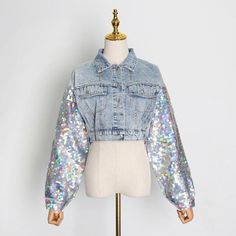 Drag Party, Ropa Upcycling, Stylish Lady, Diy Vetement, Sequin Sleeve, Photography Lighting, Sequin Shorts, Chromatic Aberration, Denim Jacket Women