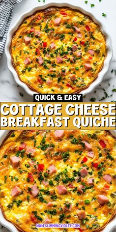 two images with the words cottage cheese breakfast quiche in front of it and an image of