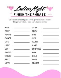 the printable game for ladies's night, which includes pink drinks and phrases