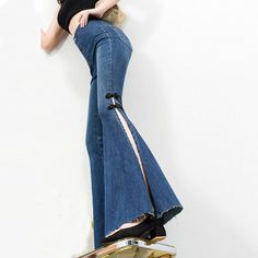 Fashion Womens Denim Bell Bottoms High Waist Flared Pants  Color: Dark Blue Material: Cotton Blend Asian Size: S M L XL Note: Fit weight 95-140lbs lady S: Length 101cm, Waist 60-64cm, Hip 86cm M: Length 102cm, Waist 64-68cm, Hip 90cm L: Length 103cm, Waist 68-72cm, Hip 94cm XL: Length 104cm, Waist 72-76cm, Hip 98cm Payment Method:  All kinds of payments Shipping: I ship it to US with Standard Speedpak Contact with me:  Please message me i will reply to you within 6 hours Return:  Accept 30 days Bellbottom Pants Outfits, Uniform Pants, Custom Denim, Cute Jeans, Bell Bottom Pants, Diy Sewing Clothes, Slim Fit Pants, Slim Pants, 70s Fashion