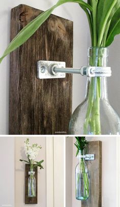 three pictures of vases with flowers in them and one has a metal hook on the wall