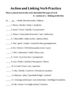 the action and linking verb practice worksheet is shown in this image, which includes two