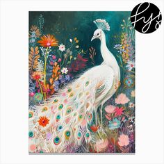 a painting of a white peacock surrounded by flowers