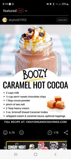 the menu for boozy caramel hot cocoa is shown in this screenshote