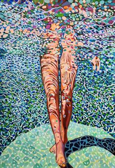 a painting of a woman's legs and body in the water with circles around her