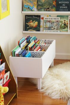 there is a book shelf with books on it and a white rug in the corner