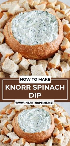 a bowl filled with spinach dip on top of bread