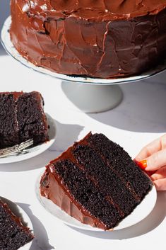 a slice of chocolate cake on a plate with the rest of the cake behind it