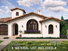 this is an artist's rendering of a house in the desert with flowers and shrubs