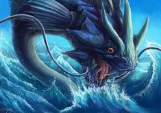 a painting of a dragon in the ocean with it's mouth open and eyes wide open