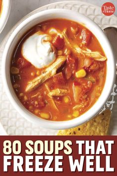 a bowl of soup with tortilla chips and sour cream on the side text reads 80 soups that freeze well