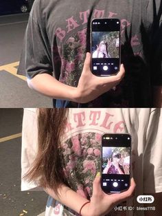 two people holding up their cell phones in front of them, one is showing the camera