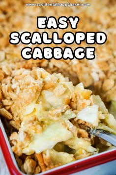 an easy scalloped cabbage casserole recipe in a red dish with a serving spoon