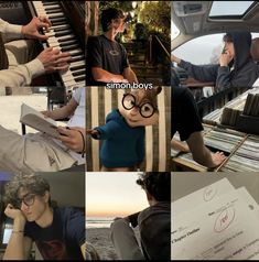 a collage of photos with some people playing musical instruments and one person sitting at a piano