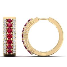 Introducing our exquisite ruby and diamond hoop earrings, a perfect blend of elegance and sophistication. Crafted with precision, these earrings feature lustrous rubies and dazzling diamonds set in a timeless hoop design. The vibrant red hue of the rubies adds a touch of allure, while the sparkling diamonds enhance their brilliance. Metal: 14K Gold Setting Type: Prong Rhodium Finish: Yes, on White Gold Gemstone Details: Gemstone: Ruby Shape: Round Average Dimensions: 2.50 MM Quantity: 14 Average Dance Jewelry, Hoop Design, Birthstone Gifts, Ring Pendant Necklace, Diamond Hoop Earrings, Sparkle Diamonds, Mens Wedding Bands, Bridal Rings, Wedding Men