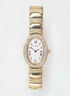 A DIAMOND AND GOLD ''BAIGNOIRE'' WRISTWATCH, BY CARTIER | Christie's Classic Cartier Watch Women, Cartier Diamond Watch, Designers Jewelry Collection, The Bling Ring, Fancy Jewellery Designs, Gold Link Bracelet, Large Image, Classy Jewelry