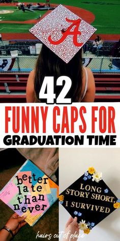 four graduation caps with the words 42 funny caps for graduation time