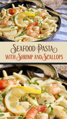 seafood pasta with shrimp and scallops in a skillet