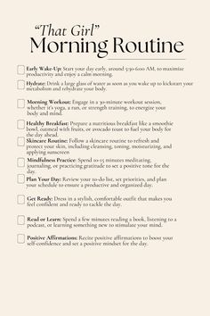 Transform your mornings with 'That Girl's Morning Routine'! Discover how to start your day like a boss with our step-by-step guide. From early wake-ups and hydration to workouts, healthy breakfasts, and mindfulness practices, these tips will help you boost productivity and well-being. Embrace the routine that sets you up for success and become the best version of yourself. #MorningRoutine #Productivity #SelfCare #HealthyLiving #ThatGir Click to learn the secrets of 'That Girl's Morning Routine' and transform your mornings today Womens Morning Routine, Becoming Productive, Workouts For The Morning, Wake Up Early Routine, How To Start A Day, Tips For Getting Up Early, How To Start 2025, Successful Women Morning Routine, Successful Women Routine