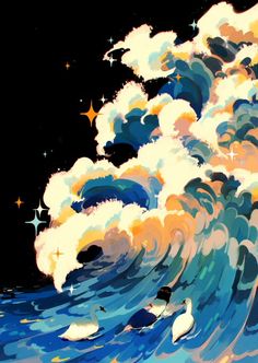 a painting of a wave with stars in the sky