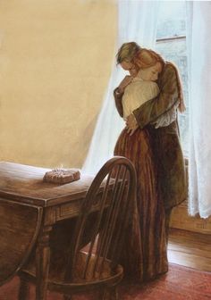 a painting of a woman holding a baby in her arms next to a wooden table