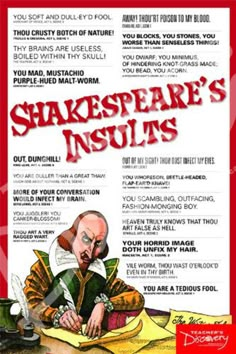 PRICES MAY VARY. The imaginative biting quips found in Shakespeare’s plays show that The Bard loved a good insult. This hair-raising group of Shakespeare’s insults will keep your students glued to this poster. 24 x 36 inches, laminated, middle school/high school. Literature Posters, Shakespeare Words, Esl Grammar, Teaching Shakespeare, Poster Classroom, Teacher Posters, Teaching High School English, The Bard, Shakespeare Quotes