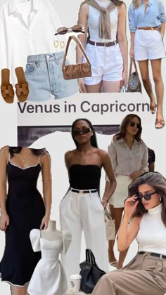 women in white and black outfits with the words venus in capricorn