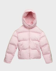 Palm Angels puffer jacket with stripe down arms.Hooded neckline; snap closures.Long sleeves.Full zip front.Side welt pockets.Straight hem.Nylon/polyamide.Made in Italy Pink Nylon Puffer Jacket With Padded Collar, Coats For School, Pink Down Puffer Jacket With Padded Collar, Sporty Puffer Jacket With Padded Collar For Cold Weather, Sporty Pink Hooded Puffer Jacket, Sporty Nylon Puffer Jacket With Double-lined Hood, Sporty Down Puffer Jacket With Ribbed Cuffs, Sporty Pink Puffer Jacket For Cold Weather, Sporty Puffer Jacket With Detachable Hood For Spring