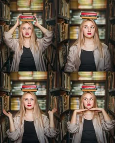 a woman is holding books on her head in front of many stacks of bookshelves