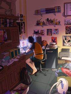 a person sitting at a desk in a room with many pictures and posters on the wall