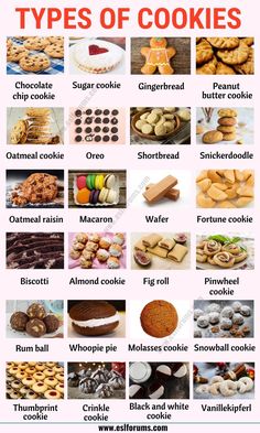 different types of cookies are shown in this poster, with the names and pictures below