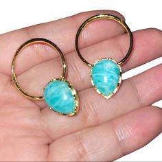 Amazonite 24k Gold Pave With A Drop Hoop Design. Artisan Made. Clear Crystal Earrings, Baublebar Earrings, Drop Hoop Earrings, Arrow Earrings, Cameo Earrings, Silver Flower Earrings, Western Earrings, Hoop Design, Knot Earrings