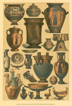 an antique illustration of vases and other decorative objects