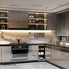 a modern kitchen with marble counter tops and stainless steel appliances