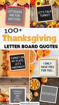 the thanksgiving letter board quotes are displayed in different styles and colors, including pumpkins, leaves