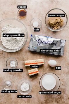 ingredients needed to make chocolate chip cookies laid out on a table with text overlay